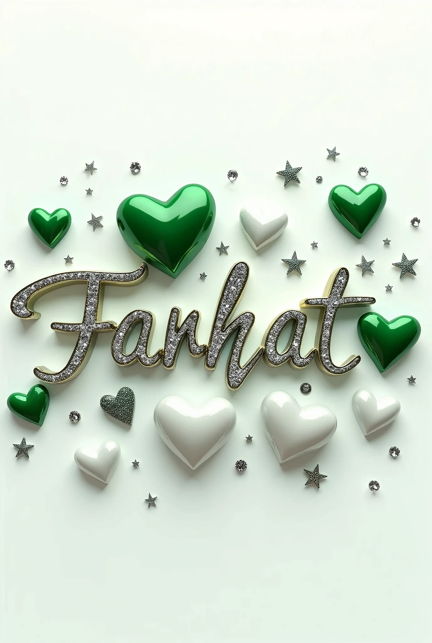 A captivating 3D anime-inspired artwork set against a pristine white background, masterfully capturing the essence of love and appreciation for "Farhat" The name is written in elegant swirling typography, adorned with silver and diamonds in green, and white, highlighting the first letter and exuding luxury and sophistication. A Pakistani flag symbolizing freedom and elegance is prominently displayed. Surrounding the name are three metallic green And White hearts, creating a serene and enchanting atmosphere. Scattered throughout the design are white and green hearts, interspersed with diamonds, adding a romantic and visually stunning touch to this cinematic, vibrant, and visually stunning 3D render illustration. The artwork is a perfect blend of anime style, typography, and color, creating an eye-catching, vibr, illustration, vibrant, anime, typography, cinematic, poster, 3d render