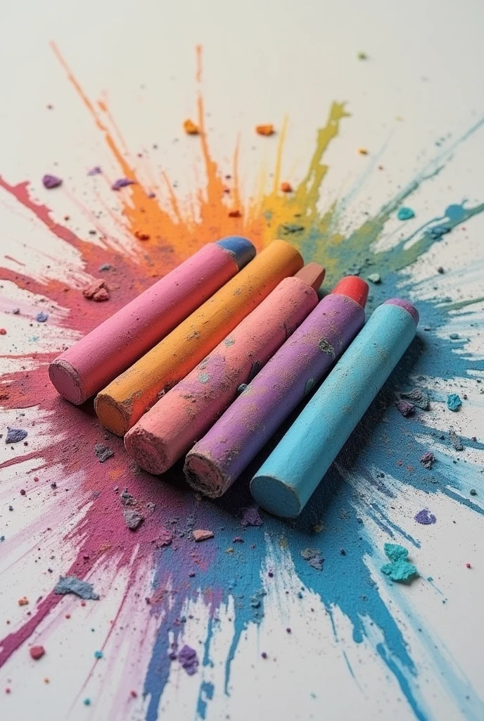 A drawing of broken colored chalks lying on the ground with minimalist ashes 