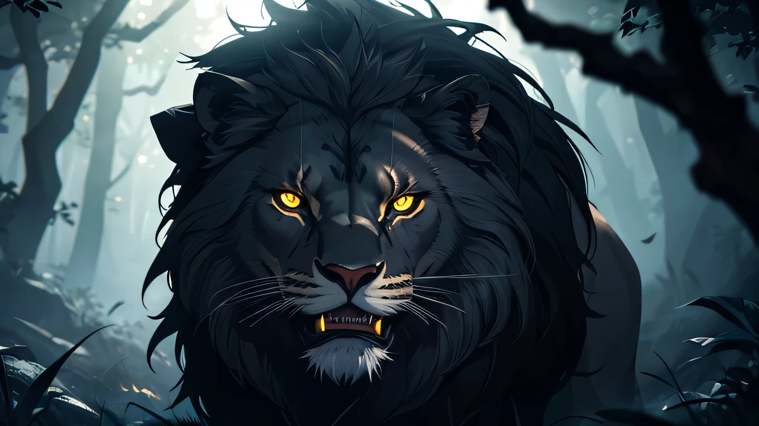 shadow of lion among the shadows of dark bush, glowing yellow eyes, glowing eyes, sharp fangs, moody lighting, hyper realistic, cinematic lighting, intricate details, 8k, high quality, photorealistic, dramatic, powerful, majestic