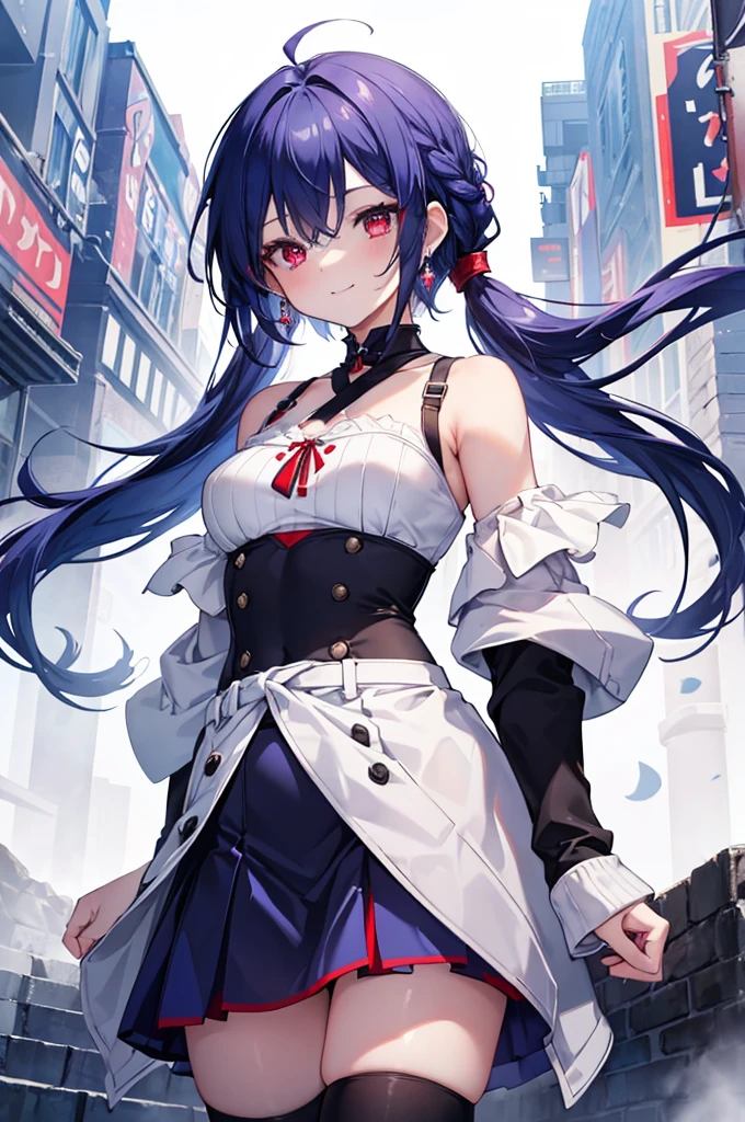 {{masterpiece}}, The best quality of life, 、((short indigo hair、Deep blue hair)Braided Hair) 、 Cute female, 、One woman、(((Crimson Eyes、Red eyes、Red　eyes)))、Expressionless adult woman、((White background))、small but well-shaped breasts,、(((White one-shoulder top、Black tight mini skirt、Black knee-high socks)))、smile、smile、Small earrings