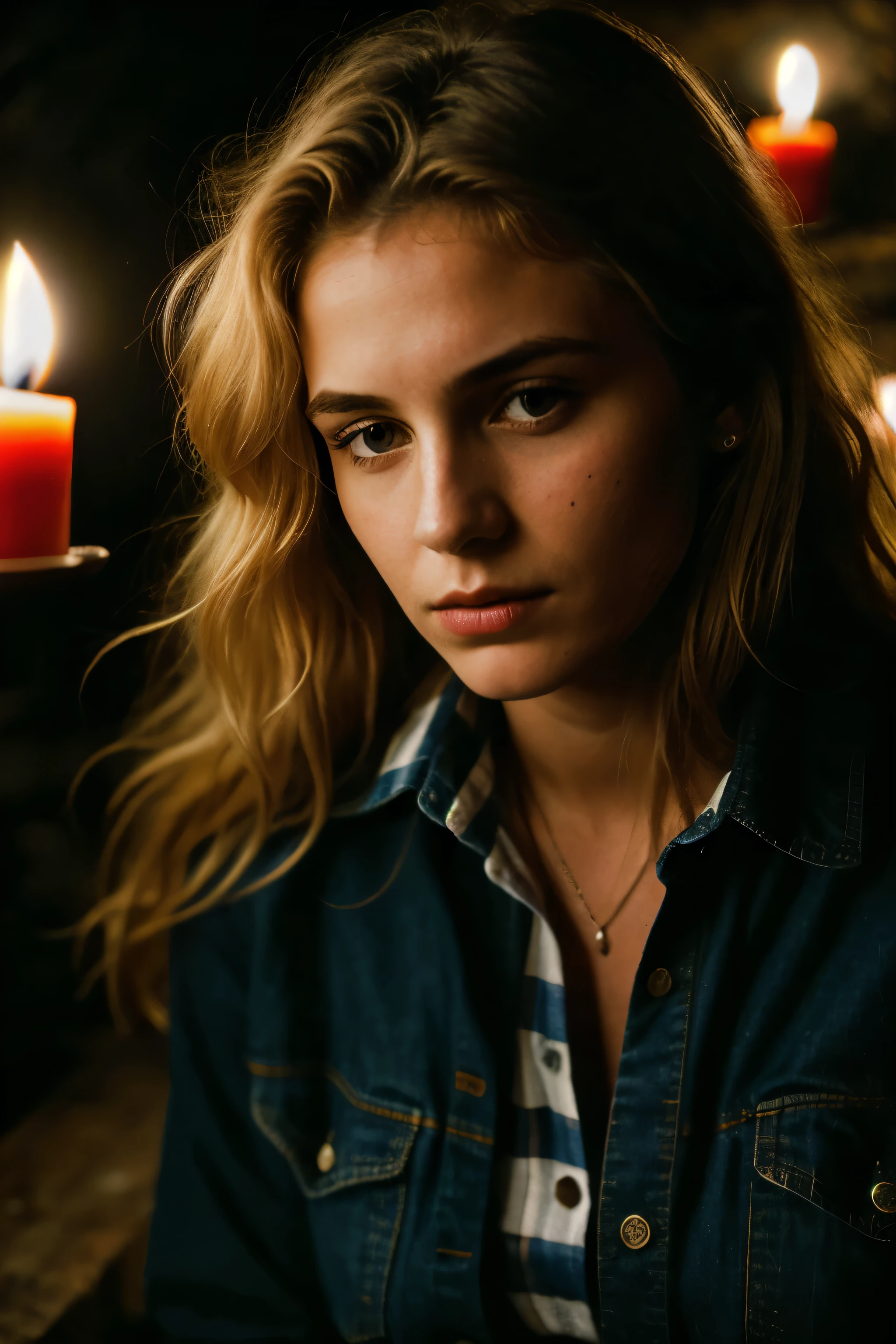 photograph of a woman, (troubled facial expression), textured skin, goosebumps, blonde afro hair, plaid flannel shirt with distressed boyfriend jeans, cowboy shot, dark and mysterious cave with unique rock formations and hidden wonders, perfect eyes, (candlelight,chiaroscuro), Porta 160 color, shot on ARRI ALEXA 65, bokeh, sharp focus on subject, shot by Don McCullin