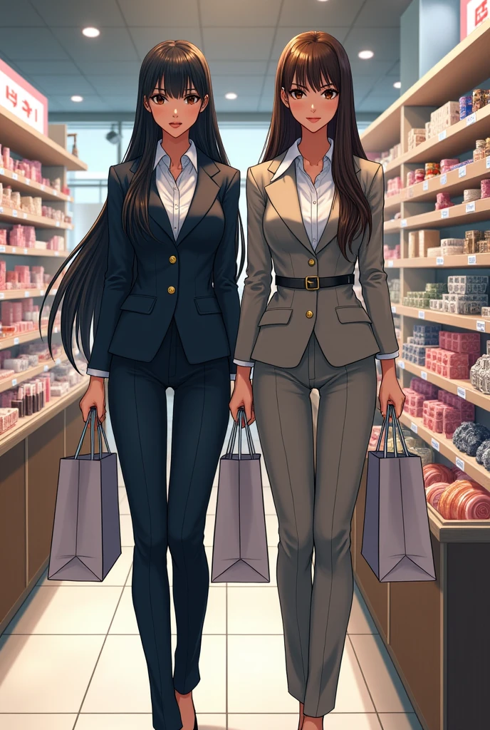 ((A woman with long hair)),Standing on the side of the street,Black Hair,Ladies suits,((Cold expression)),Japanese comic style,Choosing cosmetics in a shopping mall,Shopping。Another woman with long brown hair is next to her,两人手上都提着很多Shopping袋