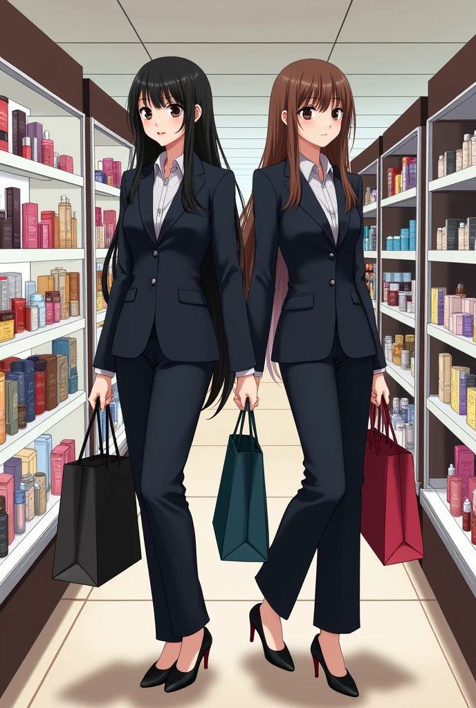 ((A woman with long hair)),Standing on the side of the street,Black Hair,Ladies suits,((Cold expression)),Japanese comic style,Choosing cosmetics in a shopping mall,Shopping。Another woman with long brown hair is next to her,两人手上都提着很多Shopping袋