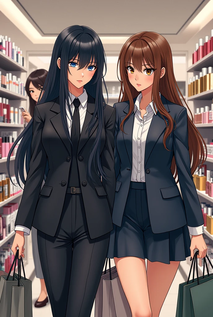 ((A woman with long hair)),Standing on the side of the street,Black Hair,Ladies suits,((Cold expression)),Japanese comic style,Choosing cosmetics in a shopping mall,Shopping。Another woman with long brown hair is next to her,两人手上都提着很多Shopping袋