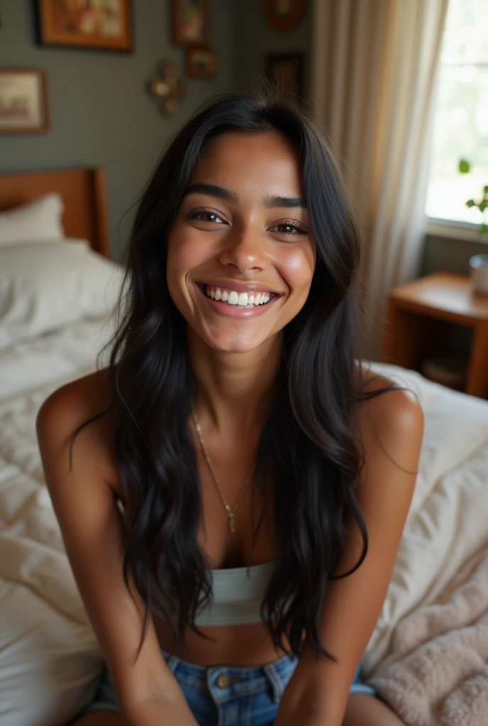 "A realistic photo of a beautiful Indian girl, around 20 years old, with long black hair and brown eyes, sitting on a bed in a cozy, well-lit bedroom, taking a selfie with a cheerful smile. Natural daylight coming through a window, high-resolution, realistic skin texture."