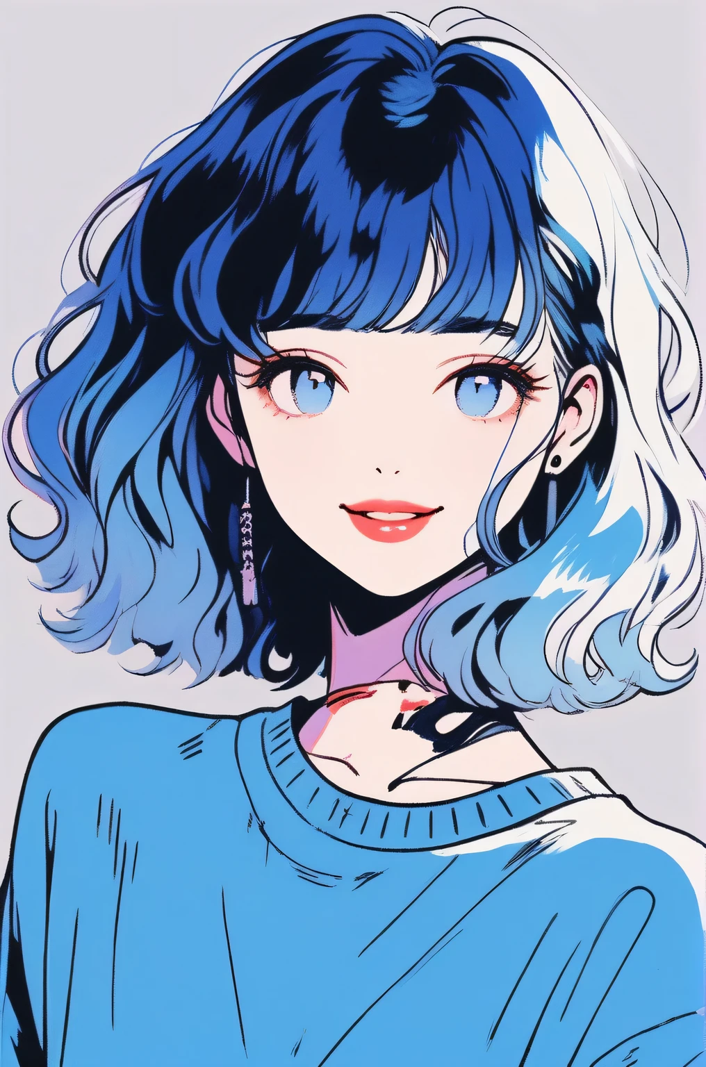 (Highest quality, sketch:1.2),Realistic,Illustrator,anime,1 girl, Detailed lips, sweater, custom, Blue gradient background, Neon Hair, Blue Hair, Medium Wavy Hair, Blunt bangs, Friendly, Cute Smile, A kind smile, Texture Cropping, masterpiece, Style: Retro Classic, Dark Black