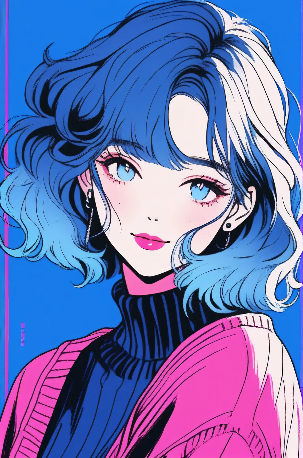 (Highest quality, sketch:1.2),Realistic,Illustrator,anime,1 girl, Detailed lips, sweater, custom, Blue gradient background, Neon Hair, Blue Hair, Medium Wavy Hair, Blunt bangs, Friendly, Cute Smile, A kind smile, Texture Cropping, masterpiece, Style: Retro Classic, Dark Black