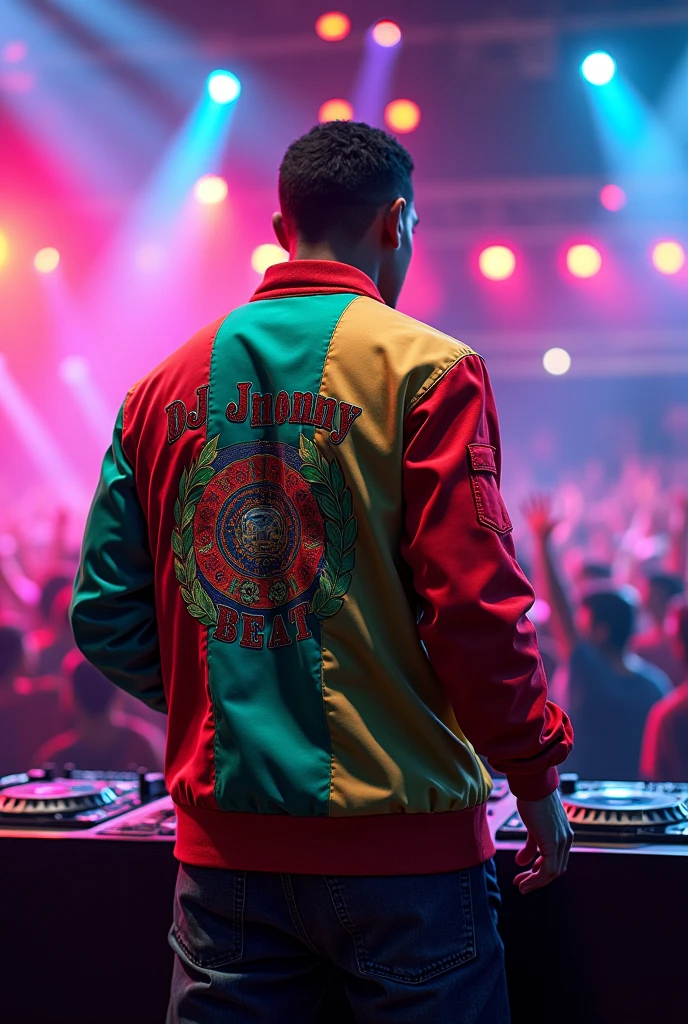 Can you create an image of a DJ with a Bolivian flag jacket and a text that says Dj Jhonny Beat?.