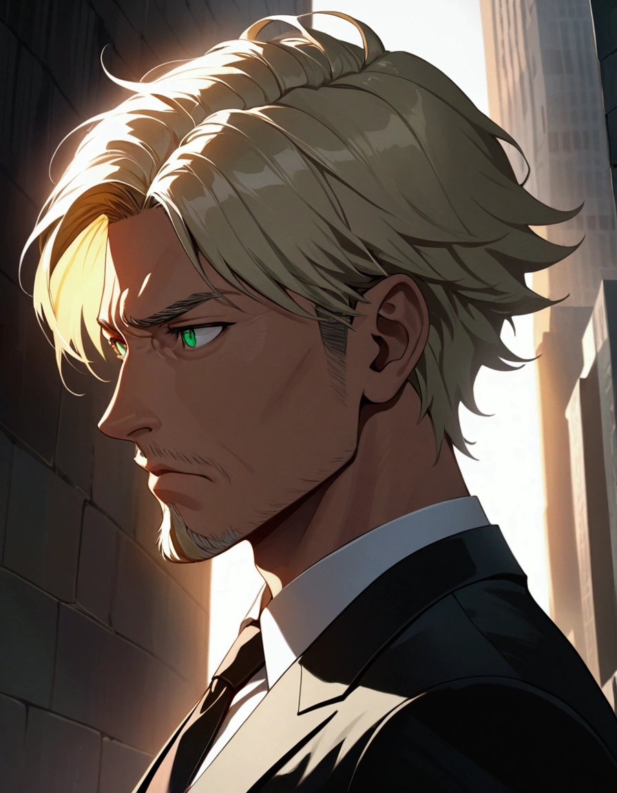 1man, man in black, vigorous mature, business hair with short asymmetrical bangs, goatee without mustache, green platina blond hair, emerald eyes, BREAK 40yo, charming caucasian, slightly long chiseled face, deep set, angular jaw, facial wrinkles, crewcut, BREAK ideal ratio body proportions, toned muscular, beautiful detailed eyes, dark hero, best eyes, BREAK solo, funeral black suit, black necktie, white shirt, at wall street, detailed background, gloom, cool expression, natural standing, looking away, BREAK upperlegs, dramatic expression, in korean illustration style, masculine comic art, 2010s, retro visual novel, in persona style, dutch angle, cinematic shadows, cinematic lighting, lens flare, light leaks, texture, absurdres absolutely resolution, extreme all detailed, greatest painting, BREAK masterpiece, best quality