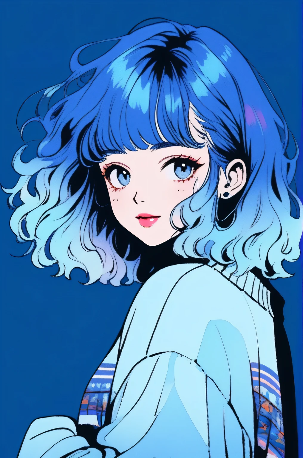 (Highest quality, sketch:1.2),Realistic,Illustrator,anime,1 girl, Detailed lips, sweater, custom, Blue gradient background, Neon Hair, Blue Hair, Medium Wavy Hair, Blunt bangs, Friendly, Cute Smile, A kind smile, Texture Cropping, masterpiece, Style: Retro Classic, Dark Black