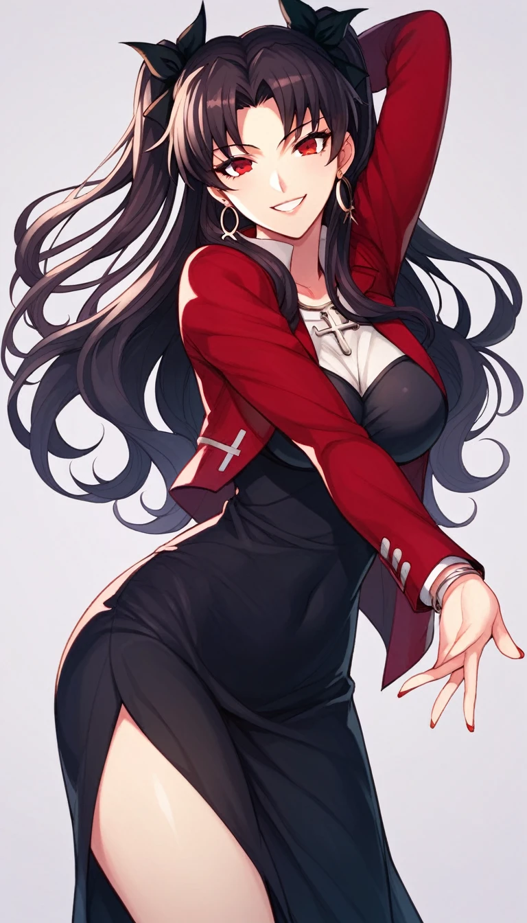 red skin,mature woman with black hair and red eyes in a black dress, Akane Owari Danganronpa, black lagoon revy, Rin Tohsaka, Gamoe Yandere grimdark, rei hiroe black lagoon branch, anime moe art style, demon anime girl, black lagoon revy, Gamoe Yandere, fubuki, evil standing, smiling pose