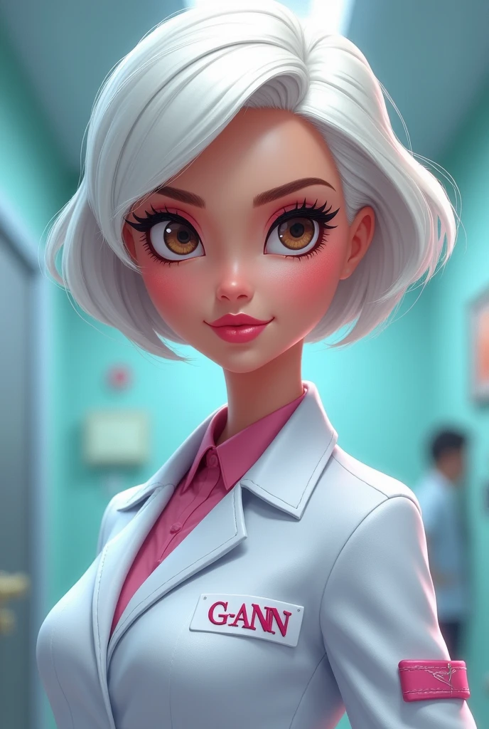 Barbie cartoon style, intimidating look, brown eyes ,female doctor with short white hair to shoulders ,under the name of G ANN ,embroidered on his robe on one side