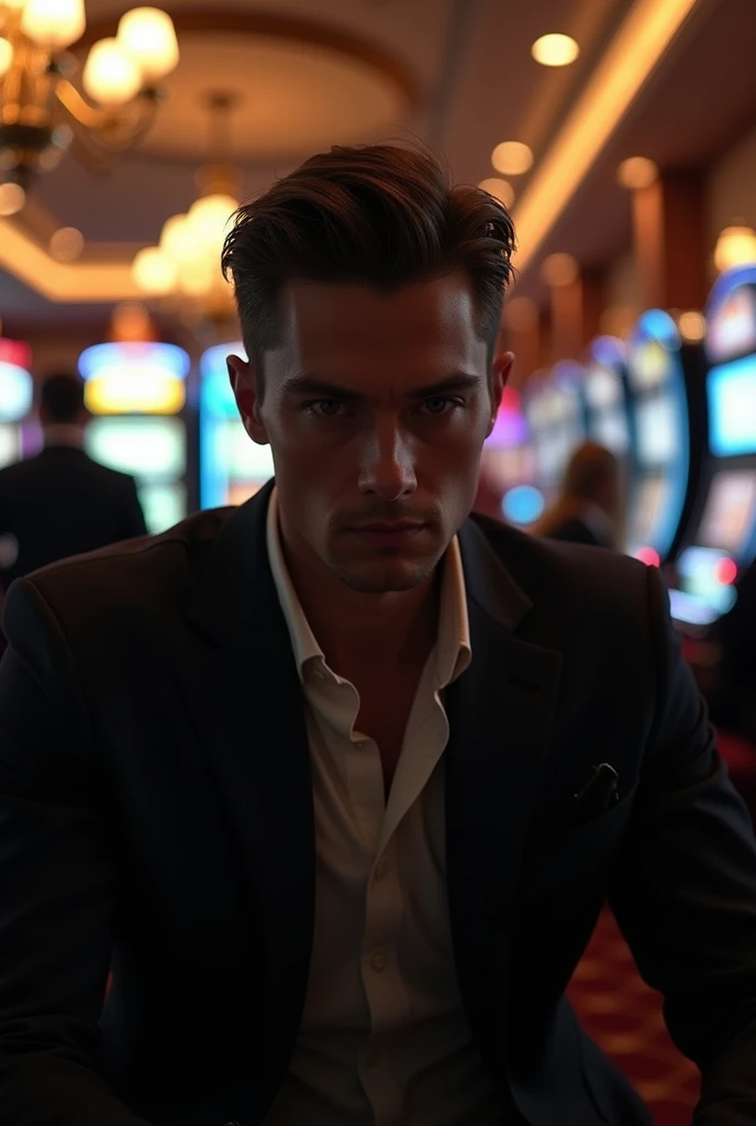 A young man of 30 years old with a serious, slightly malevolent look, sitting in a dark casino