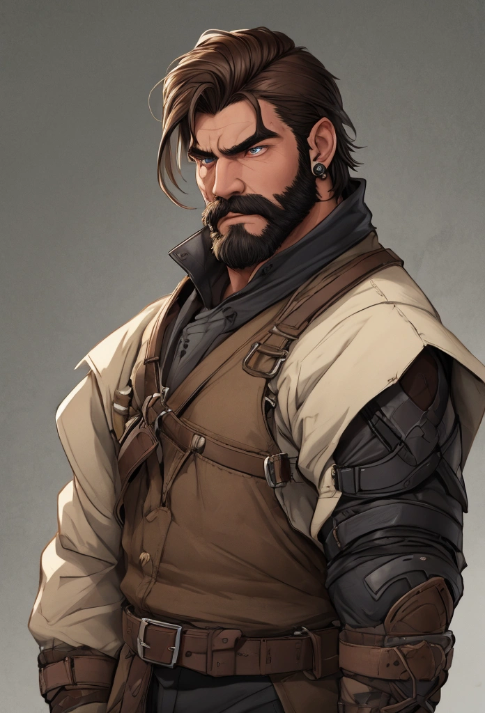 Mature male, little bearded, half-breasted, frowning,4k, high-res, masterpiece, best quality, sharp focus, (cinematic lighting), collarbone, [:(detailed face:1.2):0.2]