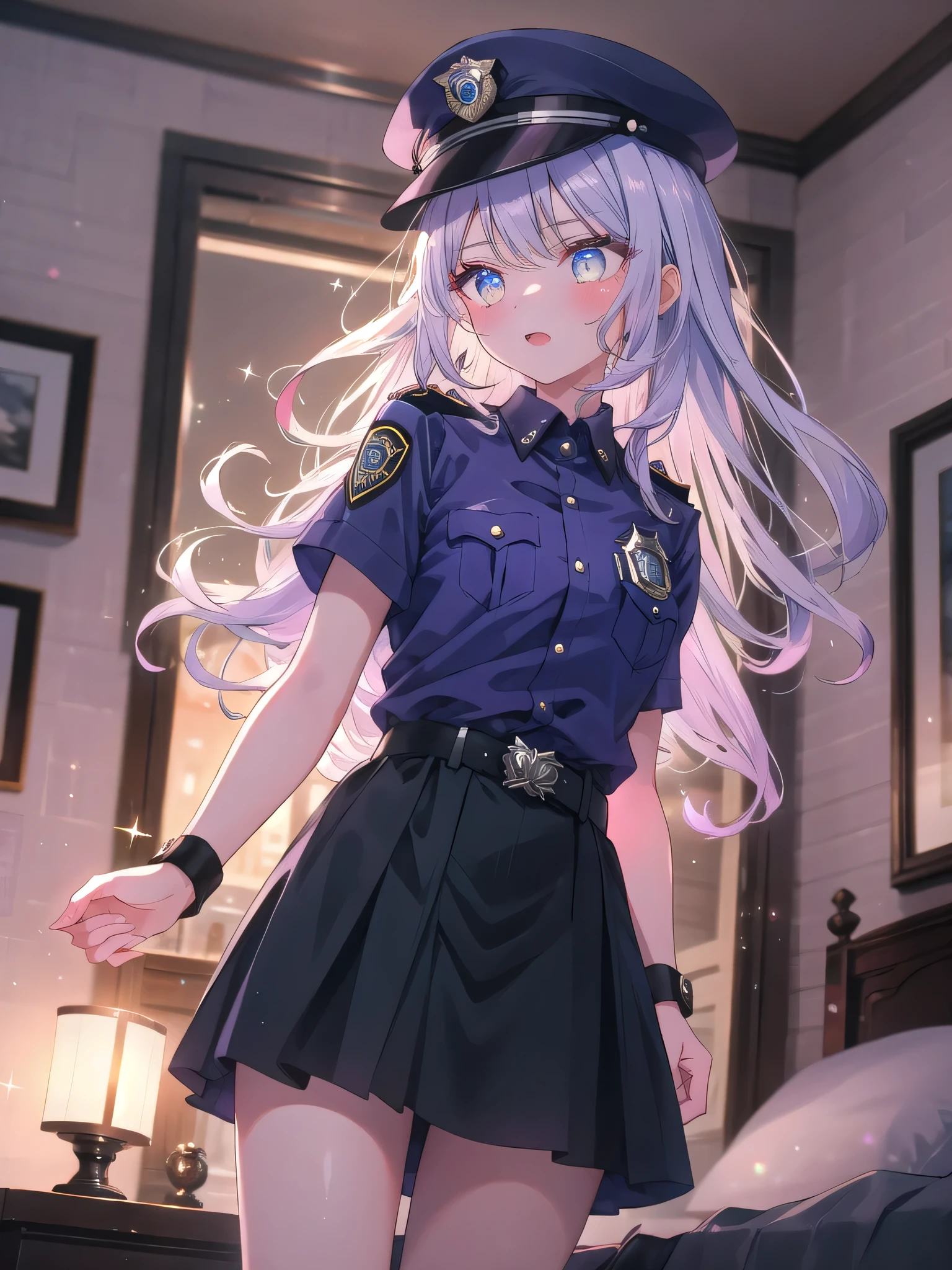 ((8k, Highest quality, masterpiece: 1.3)),Ultra-high resolution,(1 girl, alone), (Color changing eyes, Ultra-detailed, Expressive brilliance, Glitter, Glowing Eyes), Highly detailed eyes, Highly detailed face, Random Hair, ((pastel colour)),A confident young woman with pastel lavender hair styled into loose curls, standing in front of her full-length mirror in her bedroom during the late afternoon. She is dressed in a bold police officer cosplay, wearing a tight blue shirt with a badge, a short black skirt, and a pair of handcuffs hanging from her belt. The camera captures her from a low angle as she adjusts her hat, her expression playful yet authoritative. The room is bathed in the warm glow of the setting sun, with a few crime novels on the nightstand and a pair of sunglasses resting on the dresser, creating a scene of playful power dynamics.