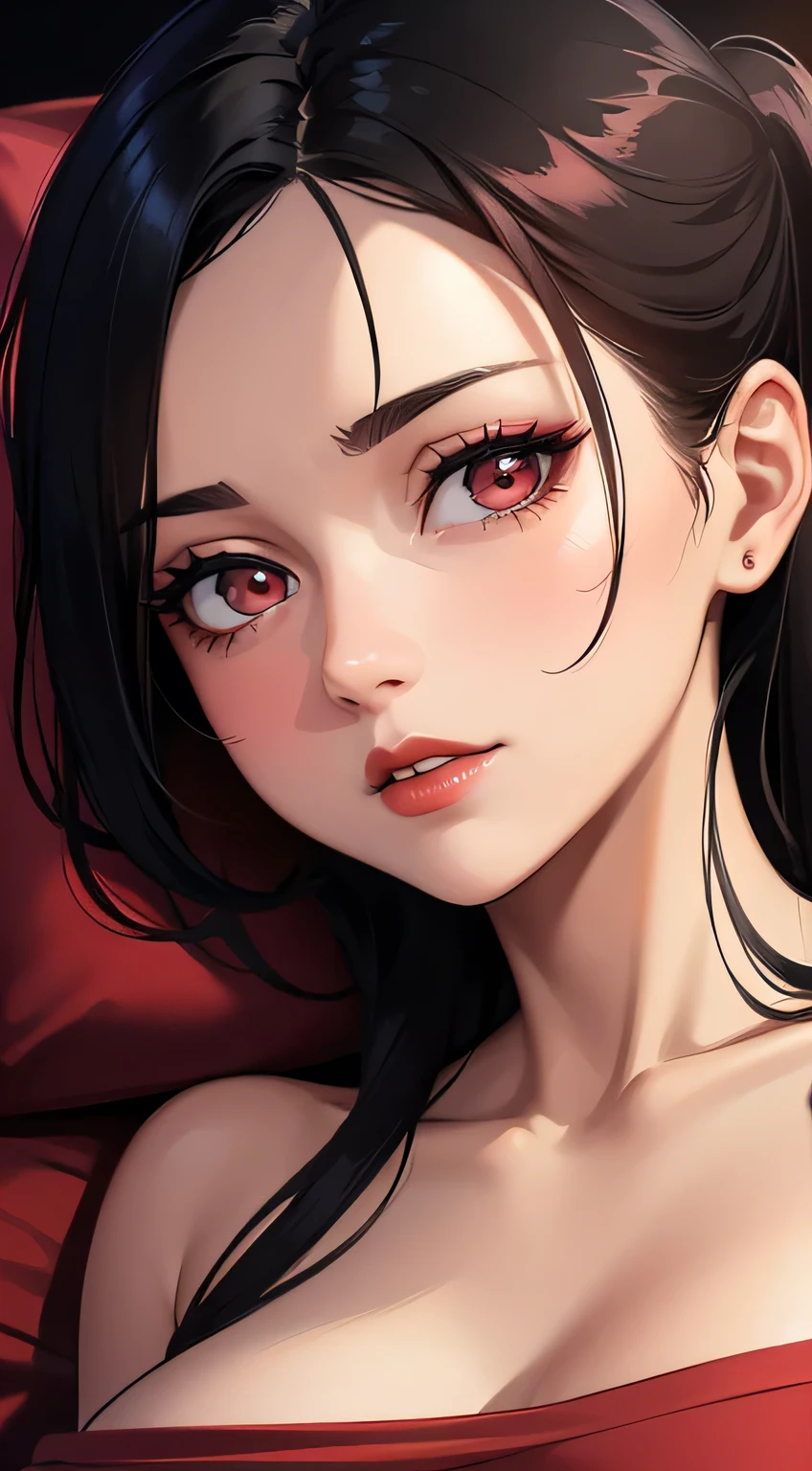 1girl, very long black hair, bangs between eyes, purple eyes, red tracksuit with white stripes, medium breasts, absurdres, high res, ultrasharp, looking at viewer (masterpiece), expressive eyes, perfect face, lying on bed, hair strand, absurdly long hair, tears, crying with eyes open, upturned eyes, makeup, shy, embarrassed, blush, parted lips, naughty face, photorealistic, pov, 8K, best quality
