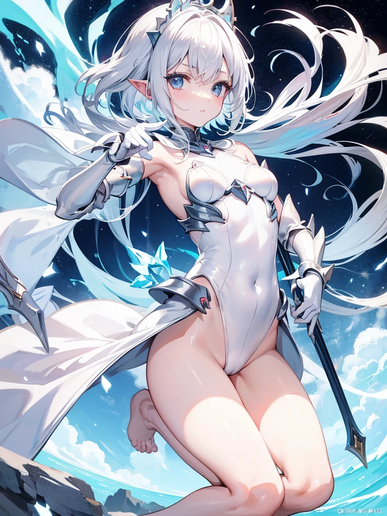 Make an anime girl, flat, delicate, short white hair and white skin. with pointed ears, silver leotard armaidra. Armor gloves attached to metal chest. Barefoot poems.