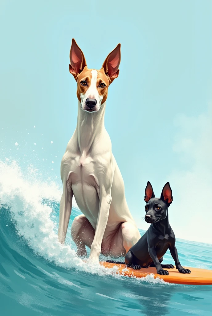 A realistic drawing of a white doberman with brown spots next to a small black pincher surfing in the sea