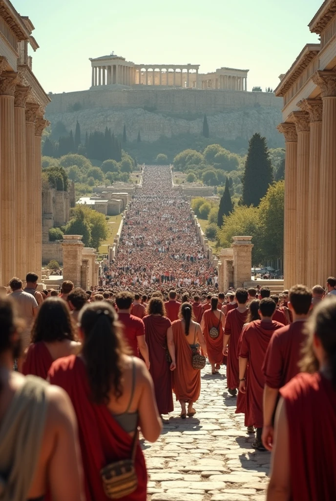 ANCIENT GREEK CITIZENS MARCHING FROM THE AGORA TO THE BASE OF THE ACROPOLIS IN ATHENS CLIMBING THE ACROPOLIS IN A FESTIVE MARCH