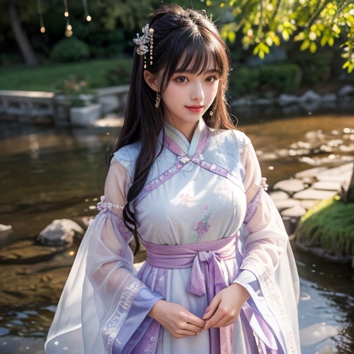 best quality, Delicate face，beautiful visual work, lifelike, eternity, black hair, Long curly hair, blunt bangs, Smile, Detailed Background, Delicate face，blush，cold，((masterpiece))、(top quality)、8k、high detail、Super detailed，21 years old female，Wearing Tang Dynasty Hanfu、waist skirt, Clothes are light and fluffy，Hanfu, wide sleeves, Transparent sleeves, Tunic, Clothes made of chiffon, Seductive and whimsical style、masterpiece、born、Scenes resembling fairy tale illustrations、Intricate details and complex designs、Beautifully、magic、capricious、 Beautifully、Dream aesthetics、「𝓡𝓸𝓶𝓪𝓷𝓽𝓲𝓬、ethereal、charming、fickle、magic」、Realism、Visual effects、FXAA、SSAO、Shaders、voiceless、ambient lighting、Tone mapping、High resolution、Ultra high quality、Million pixels、(8K resolution:1.10)、8k、Below 8K、8K resolution、high detail、intricate details， (high quality:1.2、masterpiece:1.2、:1.21)、(21 years old female:1.21)、(Smile excitedly)、(Surrounded by a dream-like atmosphere、Model diagram，full-body shot，Normal 2 feet，Put your hands behind you，The protrusion of the breast is visible when wearing clothes, Large Breasts, H cup chest, antiquity, Xian Xia, gauze clothes, Soft and fluttering, Fairy, dream, fantasy, light, elegant, nature, Immortal, romantic, classical, ribbon, light purple clothes, By the stream