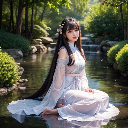 best quality, Delicate face,beautiful visual work, lifelike, eternity, black hair, Long curly hair, blunt bangs, Smile, Detailed Background, Delicate face,blush,cold,((masterpiece))、(top quality)、8k、high detail、Super detailed,21 years old female,Wearing Tang Dynasty Hanfu、waist skirt, Clothes are light and fluffy,Hanfu, wide sleeves, Transparent sleeves, Tunic, Clothes made of chiffon, Seductive and whimsical style、masterpiece、born、Scenes resembling fairy tale illustrations、Intricate details and complex designs、Beautifully、magic、capricious、 Beautifully、Dream aesthetics、「𝓡𝓸𝓶𝓪𝓷𝓽𝓲𝓬、ethereal、charming、fickle、magic」、Realism、Visual effects、FXAA、SSAO、Shaders、voiceless、ambient lighting、Tone mapping、High resolution、Ultra high quality、Million pixels、(8K resolution:1.10)、8k、Below 8K、8K resolution、high detail、intricate details, (high quality:1.2、masterpiece:1.2、:1.21)、(21 years old female:1.21)、(Smile excitedly)、(Surrounded by a dream-like atmosphere、Model diagram,full-body shot,Normal 2 feet,Put your hands behind you,The protrusion of the breast is visible when wearing clothes, Large Breasts, H cup chest, antiquity, Xian Xia, gauze clothes, Soft and fluttering, Fairy, dream, fantasy, light, elegant, nature, Immortal, romantic, classical, ribbon, light purple clothes, By the stream