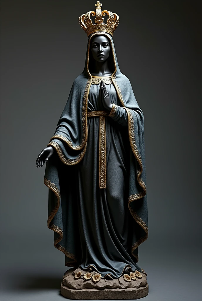 The plaster image of Our Lady of Aparecida, highlighting the brilliance and beauty of form and detail in 4k with its dark navy blue sacred mantle and its grand and shining crown and its black square-shaped skin. As if it were an image of an object carved in plaster or marble, although realistic, Our Lady of the Immaculate Conception is all black., the plaster image is black