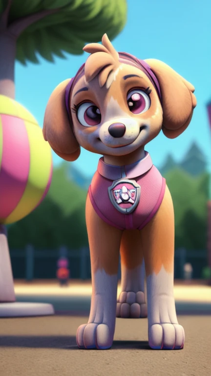 ((masterpiece, best quality:1.4)), bokeh, fluffy, 3d,
female, solo, female focus, solo focus, full-length portrait, front view, looking at viewer, standing, smile, 
skyepawpatrol, skye \(paw patrol\), 
goggles, pink vest, sleeveless, bottomless, 
park,