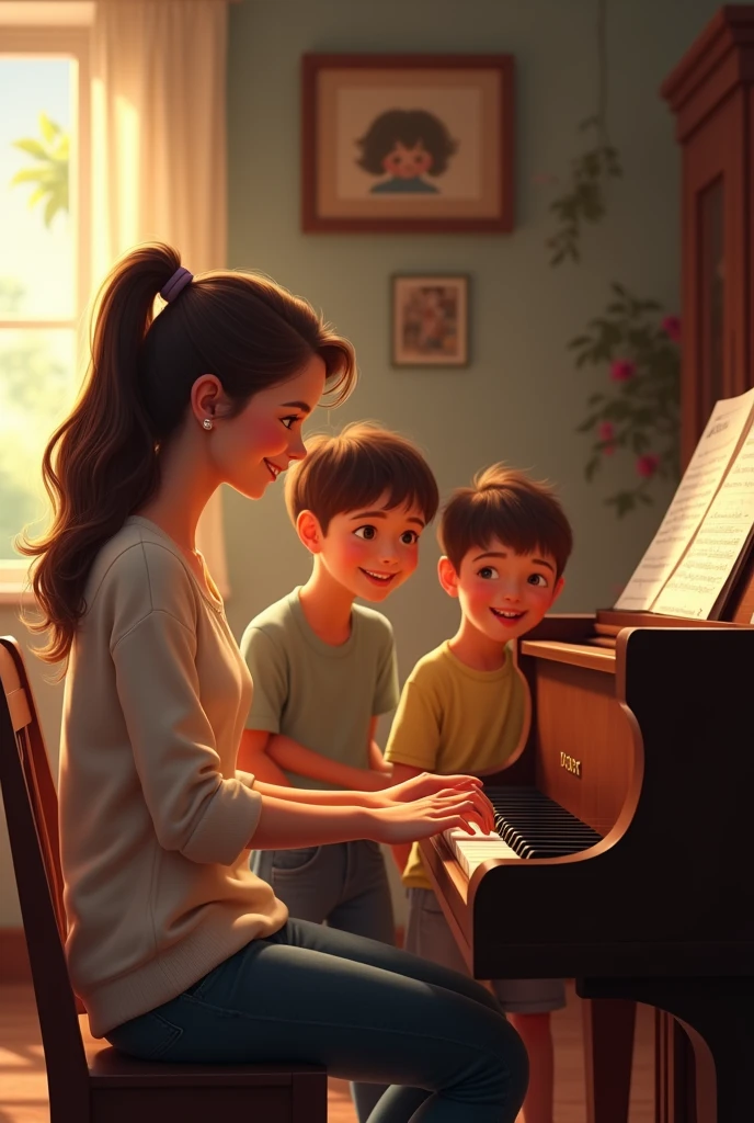 1 mom with her 3 young sons 1 playing the piano