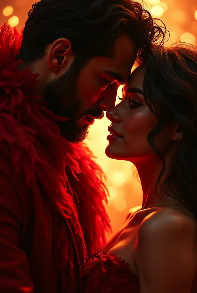 Two looks. A mysterious red of a man. A woman's other amber. Both full of intensity and desire for each other.