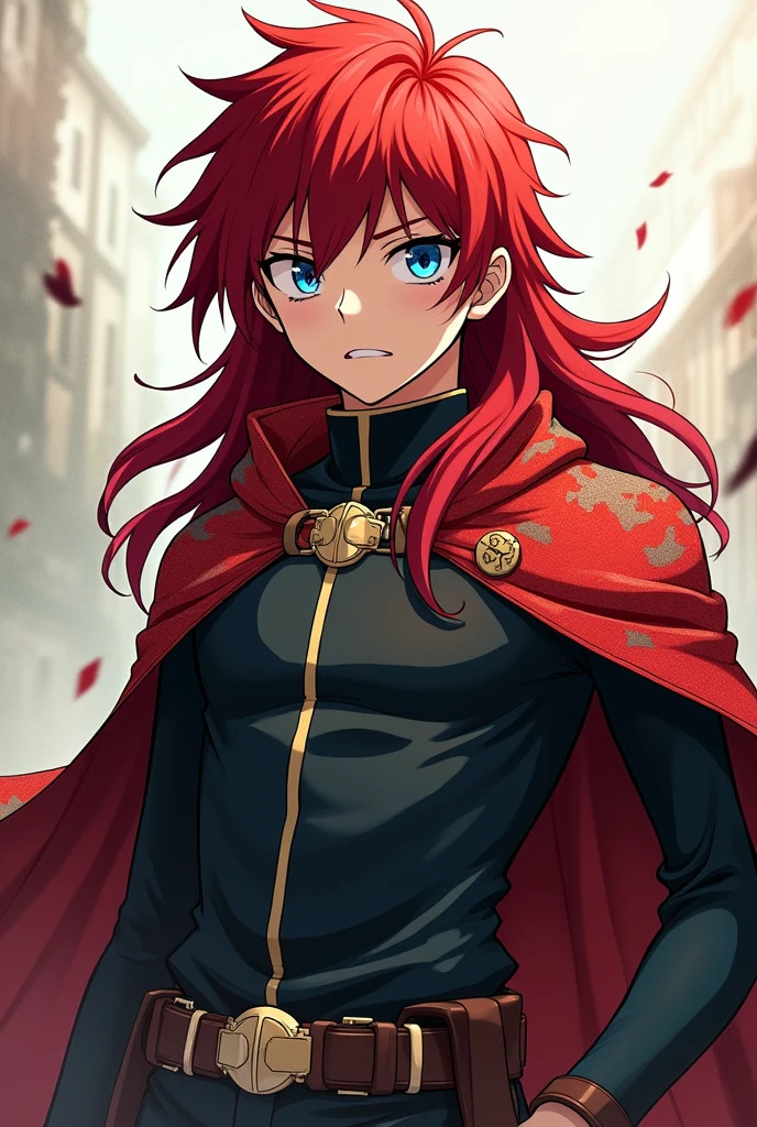 anime boy my hero academia red hair blue eyes closed hero suit,that hardly shows any body,that does not look like a woman,red and dirty cape,white skin long hair