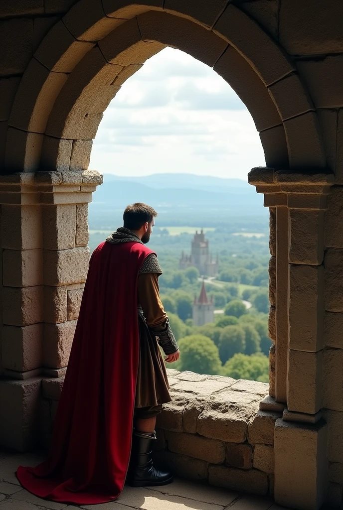 Medieval man looking out of a castle window at a landscape 