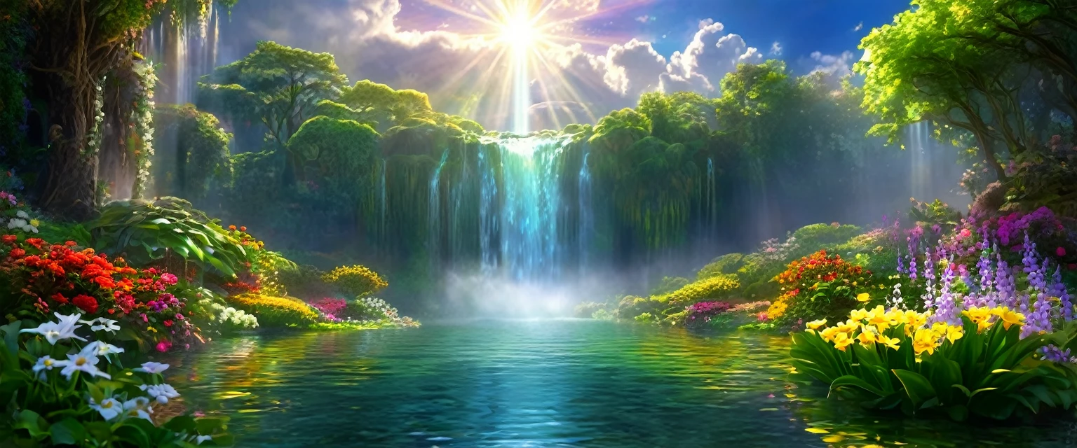 Golden, enchanting, glorious baptism,Baptism,Garden of Eden,Colorful,Dreamy landscape, cloud, light piercing through the cloud, Reflection on the surface of the water, Gentle waterfall,flower々, flower ,Quiet atmosphere, Richness in details, Surreal beauty, Magical Aura, Fantasy Landscape, High quality digital art, Vibrant colors, Fantastic lighting, Enchanting atmosphere, Artistic Expression, Otherworldly feeling, Beautiful brushwork, Magnificent View, Peaceful tranquility, Immersive Experience, Breathtaking views, Picturesque views, Mysterious charm, Mysterious atmosphere, Nuances, A magical dream. There are no people, Nobody is here 32K UHD