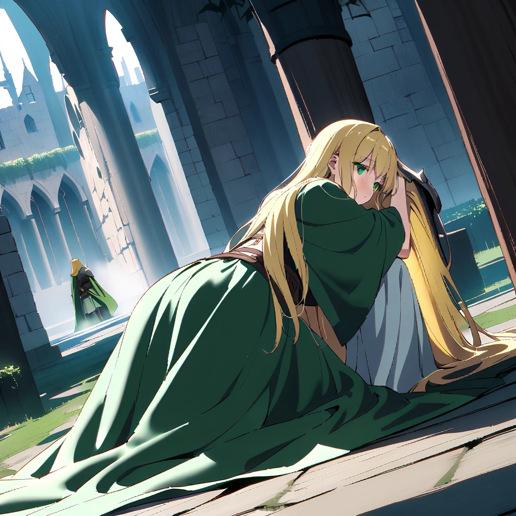 {{cowgirl shot, dutch angle, female focus}} {{Artist: Sincos}} 

Two figures with their backs turned, facing a fantasy medieval village with blue concrete buildings, surrounded by thick mist. The girl, Lyra, has long blonde hair and green eyes, and wears a flowing green mage robe. She is kneeling on the ground, with the boy, Jack, lying down with his head resting in her lap. Jack’s yellow-blonde hair is visible, but his face is mostly obscured by the fabric of Lyra's robe and her long hair that drapes over him. Jack is clad in heavy armor, which contrasts sharply with Lyra's soft, flowing attire. Their backs are fully turned to us, emphasizing their forms against the distant village. The village is shrouded in an even denser mist, which adds to the scene's mysterious and ethereal quality. The mist swirls around them, enhancing the otherworldly atmosphere, while Lyra’s distinctive green mage robe stands out as a focal point in the composition.