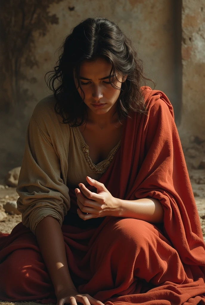 biblical character, fight, David&#39;s wife. beautfull woman, is sad crying on his knees