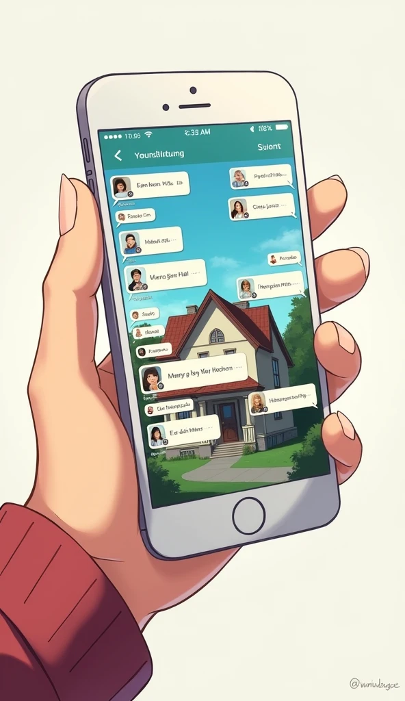 Holding a cell phone in your hand,Screen,There is a picture of a house in the message bar,Many friends added messages,Japanese anime style