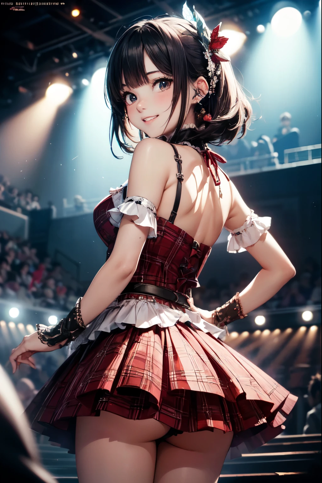 very cute and beautiful girl,(highly detailed beautiful face and eyes),(smile:1.2),happy, black hair,hair accessory,looking at viewer,dancing,(looking back,from behind,from below), (plaid scarlet idol costume like AKB48),teen akiba idol,detailed frills, live stage,concert hall,spot light, (best quality,masterpiece),absurdres,highres,ultra-detailed,extremely detailed,32k,8k resolution, intricate details,cinematic scene,detailed background,solo,dynamic angle,