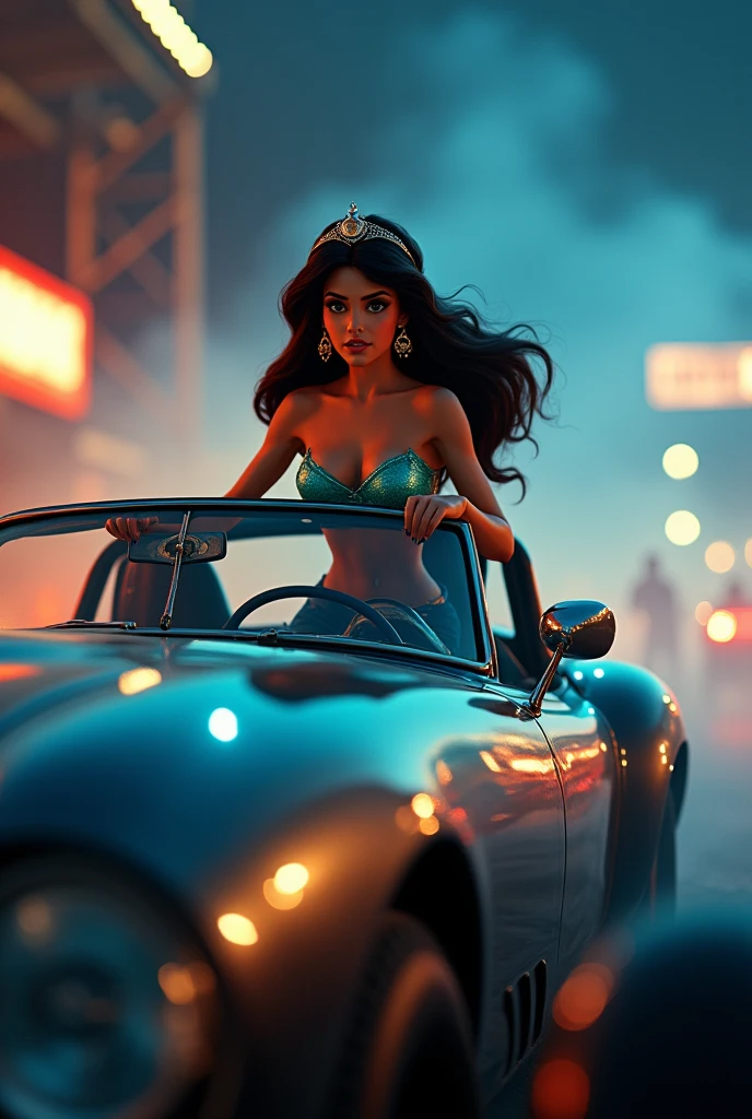 Stunning Princess Jasmine, photo in 8k, in action, cinematic. Drag racing car photos