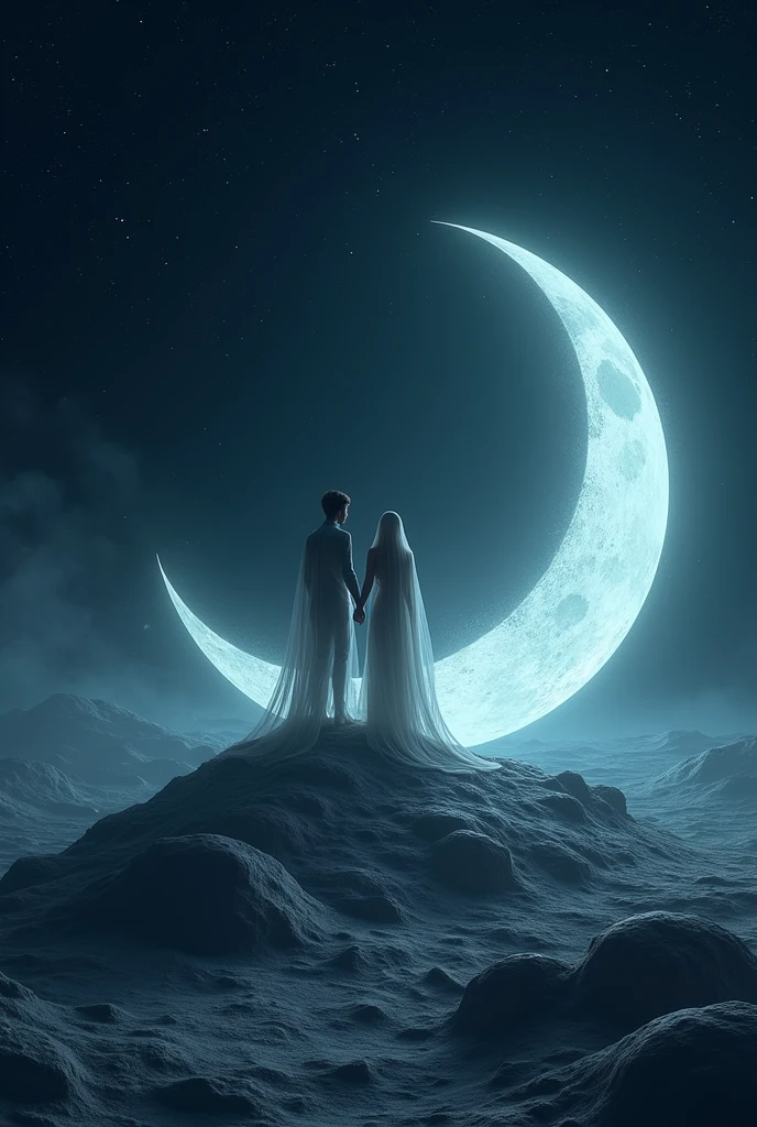 I want you to create an image of a couple on top of the moon, that is, the half moon and both seeing a landscape from the half moon 