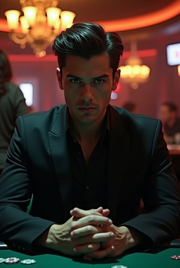 A young man of 30 years old with a serious, slightly malevolent look that shows power, sitting in a dark casino