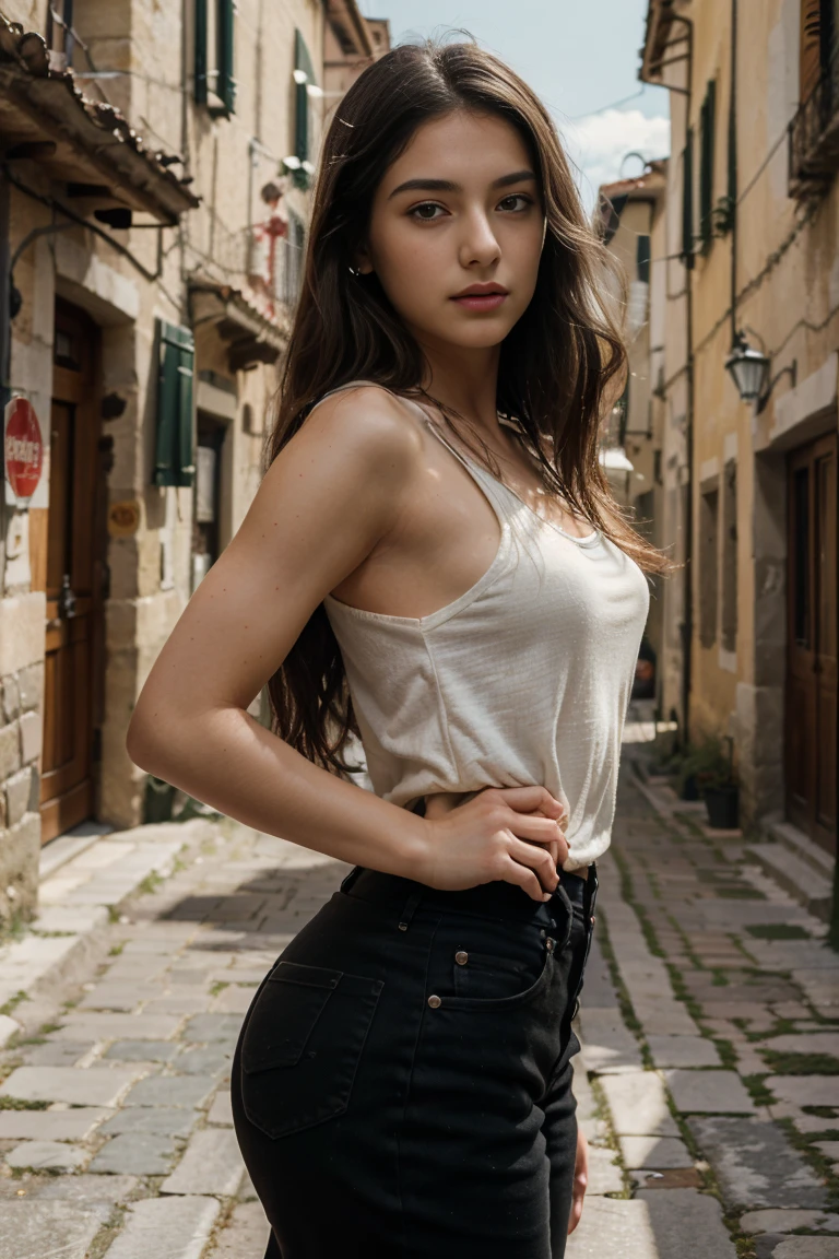 (Extremely detailed CG:1.2), (Masterpiece:1.2), (The best quality:1.2),,((absurdities)),looking at the viewer,whole body,,(1girl),only,(long dark hair),in Italy village traveling wearing casual clothes ,Dynamic Angle,Standing,dynamic pose,((Delicate facial features)),(black eyes)