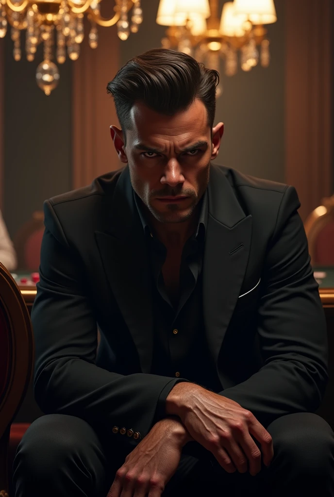 A young man of 30 years old with a serious, slightly malevolent look that shows power, sitting in a dark casino