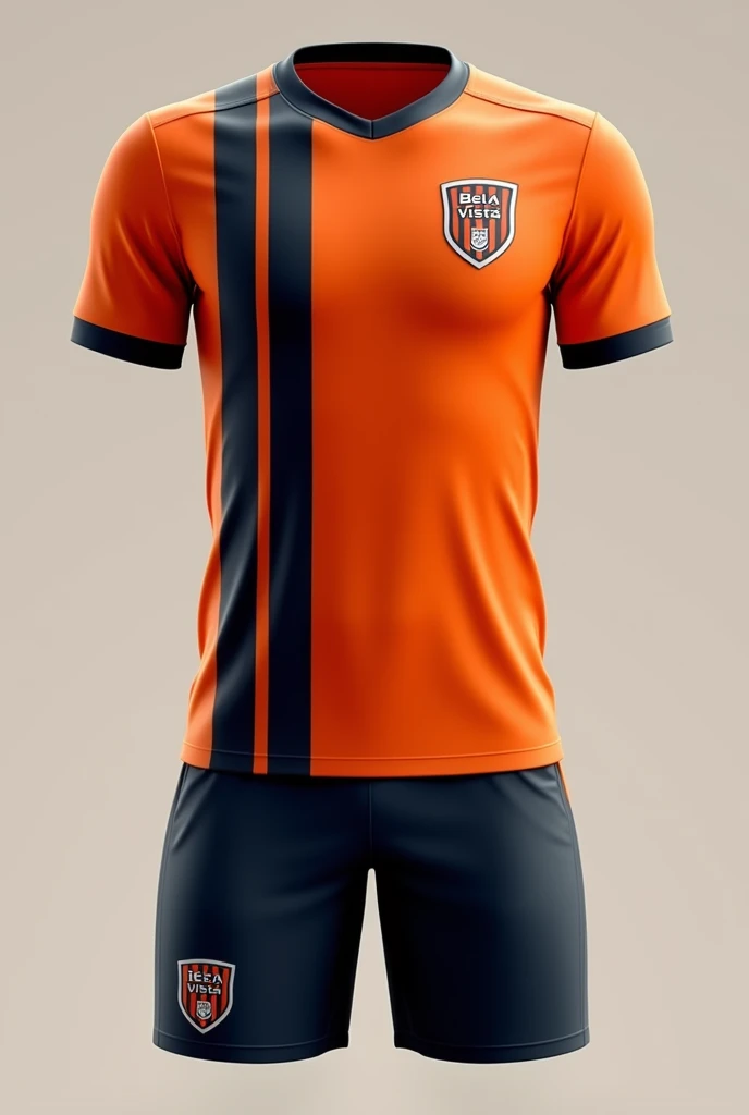 Custom soccer uniform in primary color orange, with dark blue vertical stripes and black shorts, with a shield on the left side of the chest with the words bela vista written on it 