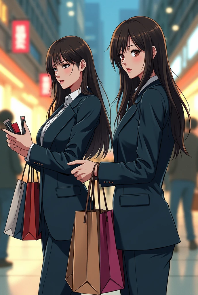 ((A woman with long hair))，Standing on the side of the street，Black Hair，Ladies suits，((Cold expression))，Japanese comic style，Choosing cosmetics in a shopping mall，Shopping。Another woman with long brown hair is next to her，两人手上都提着很多Shopping袋