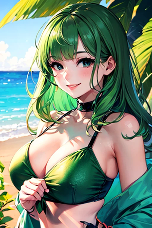 ((masterpiece)), (((best quality))), chromatic lighting,
colorized, green + white limited color palette,
detailed concept drawing,
portrait, 20yo 1girl, beachside, swimware, medium soft breasts, slender, green, long green hair, black eyes, smiling