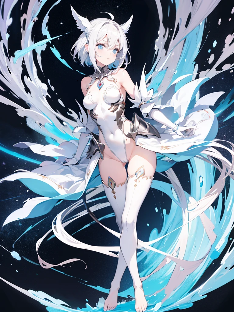 Make an anime girl, flat, delicate, short white hair and white skin. with pointed ears, silver leotard armaidra. Huge dark metal armor gloves attached to metal chest. Barefoot poems.