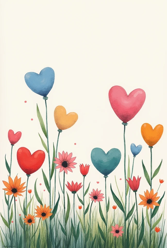 A minimalist garden drawing with colorful chalk floats and hearts but some withered flowers