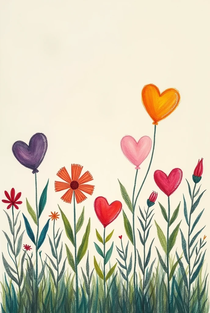 A minimalist garden drawing with colorful chalk floats and hearts but some withered flowers
