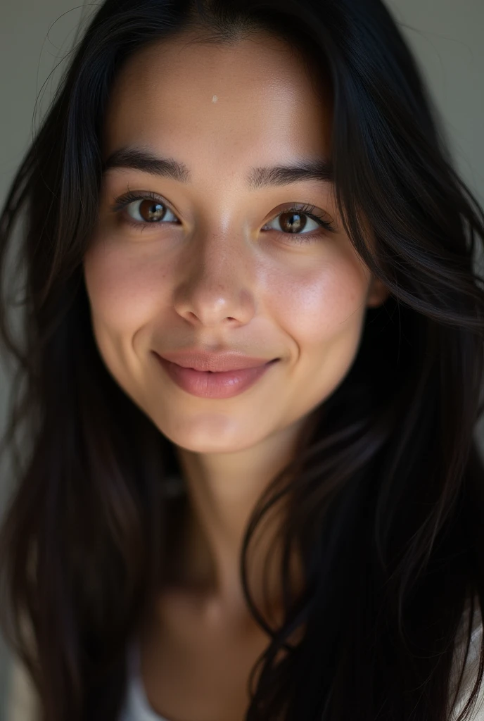 A close-up portrait of a young woman aged 20 to 25 years old. She has long, straight black hair that flows down her shoulders, and deep brown eyes. Her expression is calm and serene, with a slight smile. The lighting is soft, highlighting her natural beauty, and the background is slightly blurred to keep the focus on her face. The style should be realistic, capturing the subtle details of her features