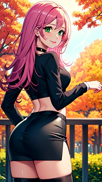 Masterpiece, raw, beautiful art, professional artist, 8k, art style by sciamano240, very detailed face, very detailed hair, 1 woman, perfectly drawn body, beautiful face, long hair, pink hair , very detailed green eyes , rosey cheeks, intricate details in eyes, playful smile, looking directly at viewer , in love with viewer expression, black chocker, lipstick, wearing cute fall clothes, tight long sleeve white crop top, short black pencil skirt, thigh boots, standing, sunny day fall setting, focus on feet, rear view,