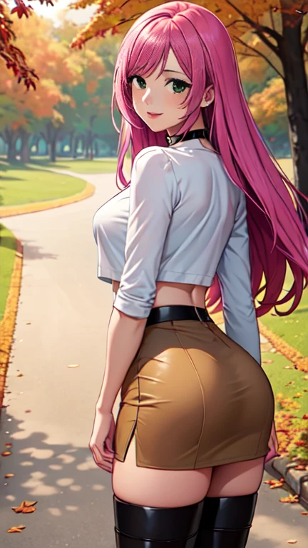 Masterpiece, raw,  beautiful art, professional artist, 8k, art style by sciamano240, very detailed face, very detailed hair, 1 woman, perfectly drawn body, beautiful face, long hair, pink hair , very detailed green eyes , rosey cheeks, intricate details in eyes, playful smile, looking directly at viewer , in love with viewer expression, black chocker, lipstick, wearing cute fall clothes, tight long sleeve white crop top, short black pencil skirt, thigh boots, standing, sunny day fall setting, focus on feet, rear view, 